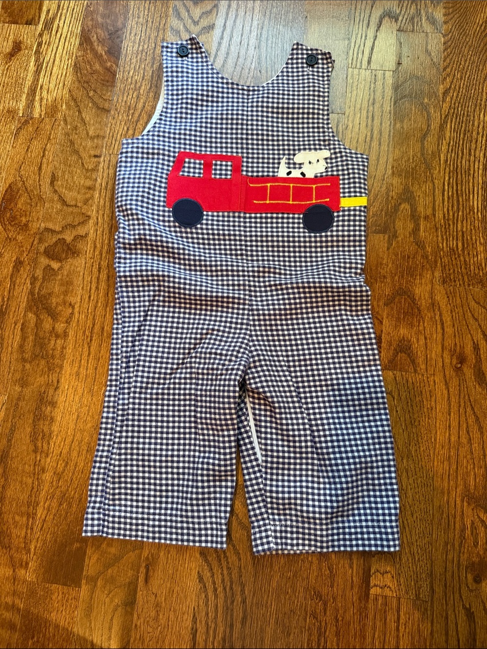 Navy & White Gingham Kids Overalls with Red Fire Truck Appliqué